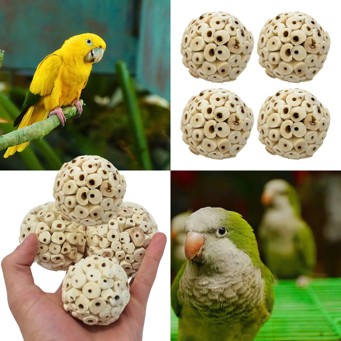 Bonka Bird Toys 2354 Pk4 Small Sola Atta Ball 1.75"-2" Diameter Soft Natural Sola Plant Material Ideal Chew and Foot Toy for Conures Ringnecks Parakeets and Similar Breed Sizes